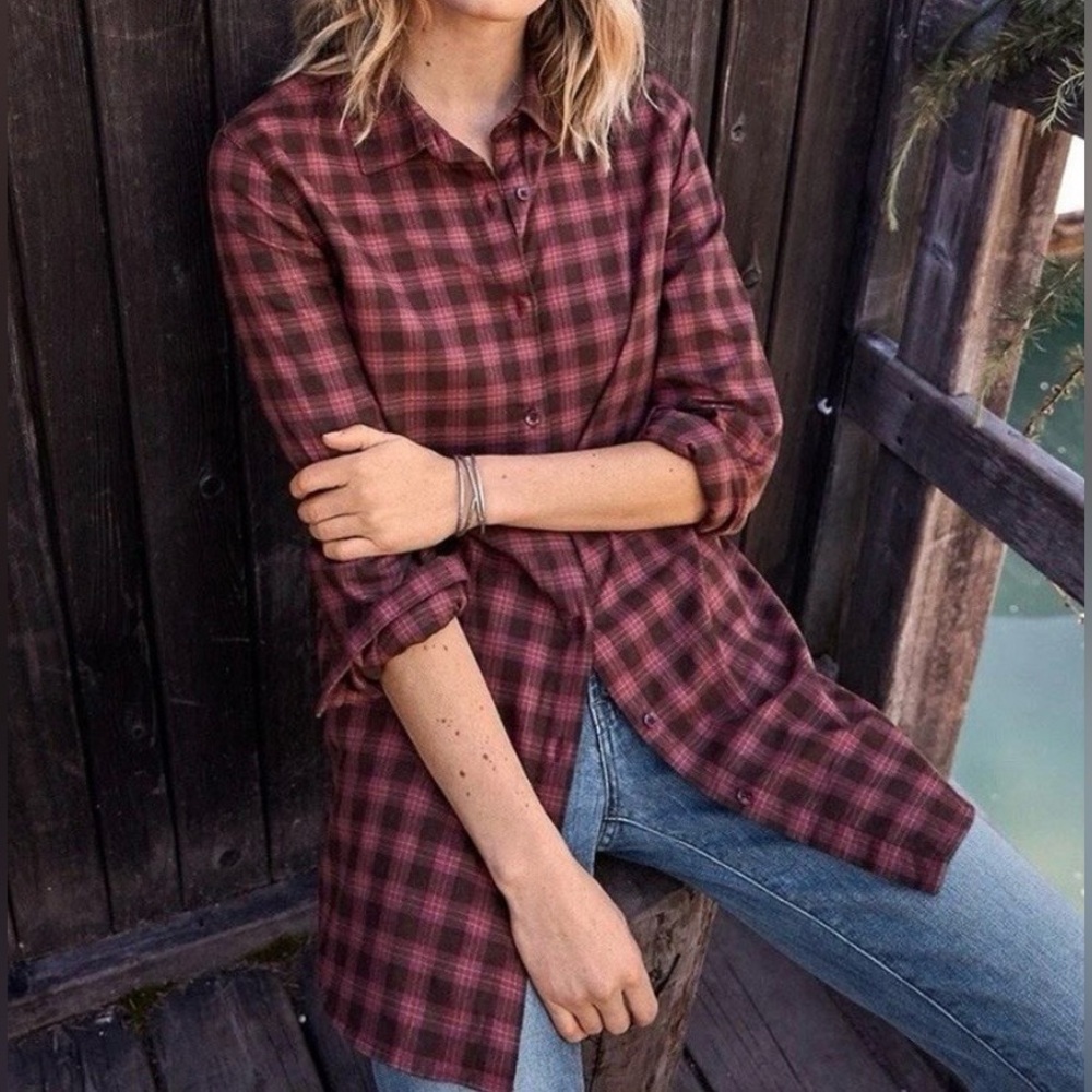 GARNET HILL Red Plaid Tunic Shirt Long Sleeve 100% Organic PIMA Cotton